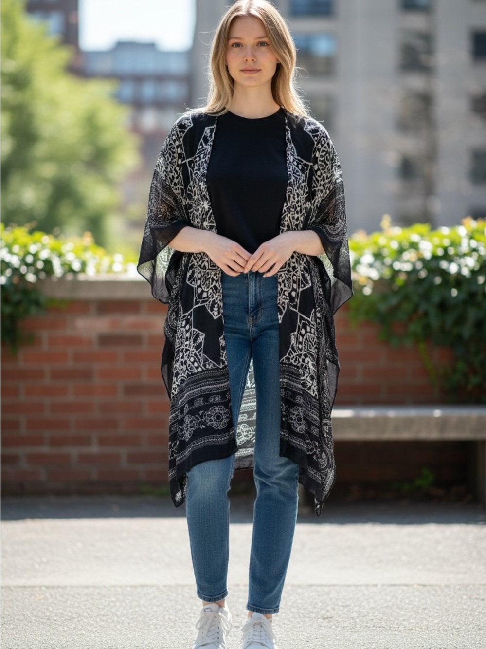 Lightweight Black & White Open-Front Knit Kimono Sweater